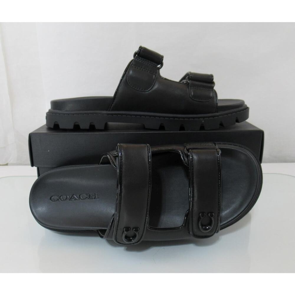 Coach Size 8 Sculpted C Leather Double Strap Band Slide Sandals Flat Heel Black - Picture 7 of 8